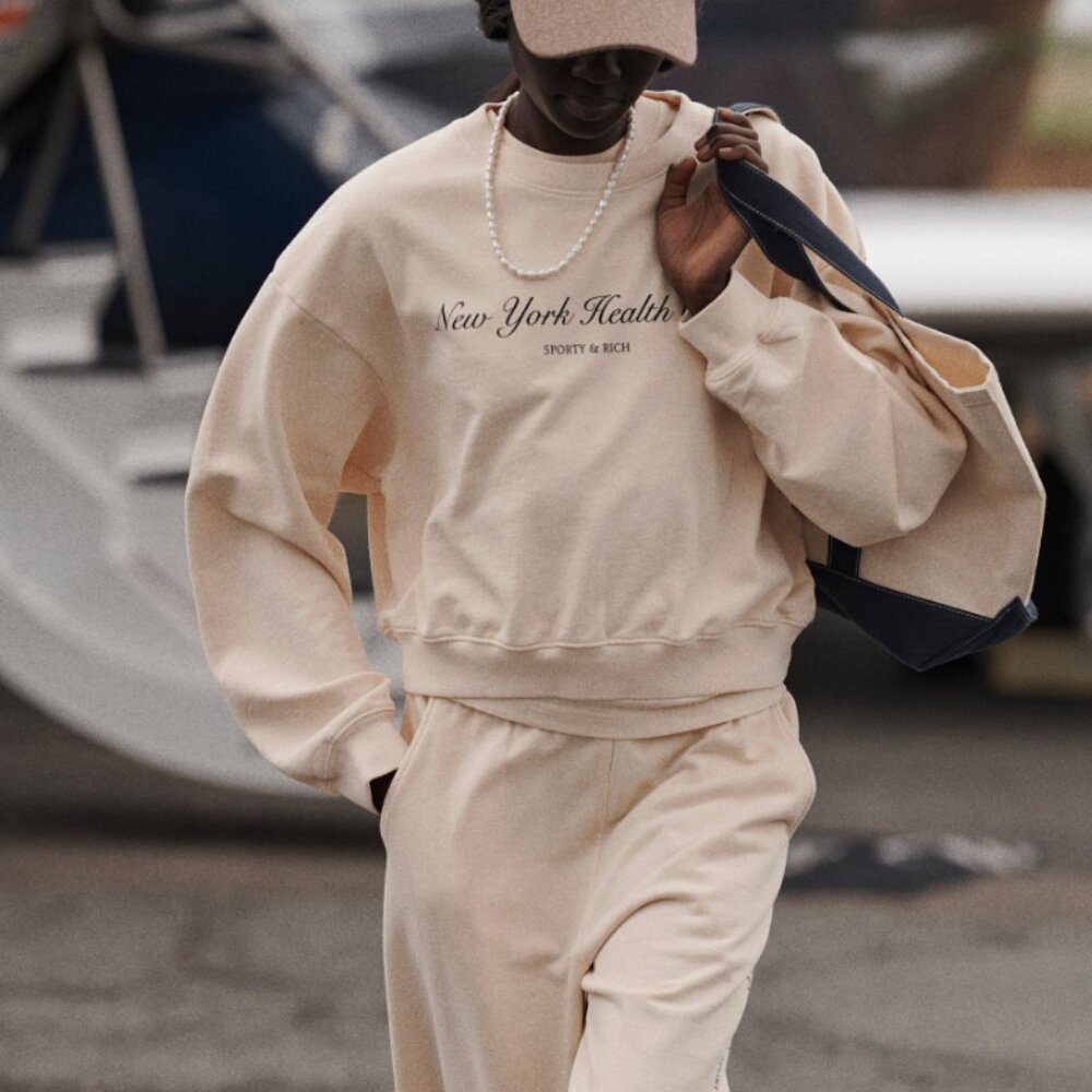 Sporty & Rich NY Health Club Cropped Crewneck Sweatshirt - Cream